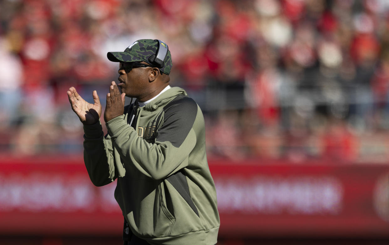 Nebraska interim head coach Mickey Joseph talks to players from the sideline against Minnesota Saturday, Nov. 5, 2022, in Lincoln, Neb. (AP Photo/Rebecca S. Gratz)