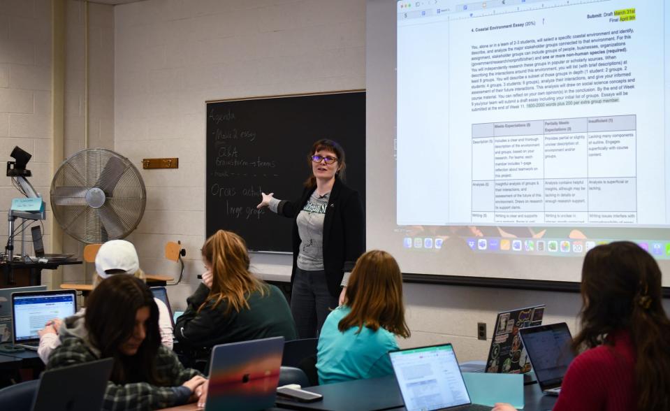 Michigan State University Lyman Briggs College faculty member Eleanor Louson teaches her Science and Environment class at Holmes Hall in East Lansing Monday, March 20, 2023.