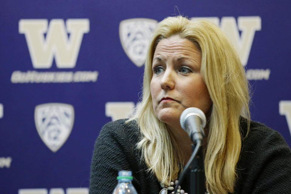 FILE - University of Washington Athletic Director Jennifer Cohen talks to reporters Wednesday, March 15, 2017, in Seattle. Cohen is being hired as Southern California's athletic director after seven years in the same post at the University of Washington according to a person with knowledge of the decision. (AP Photo/Ted S. Warren, File)