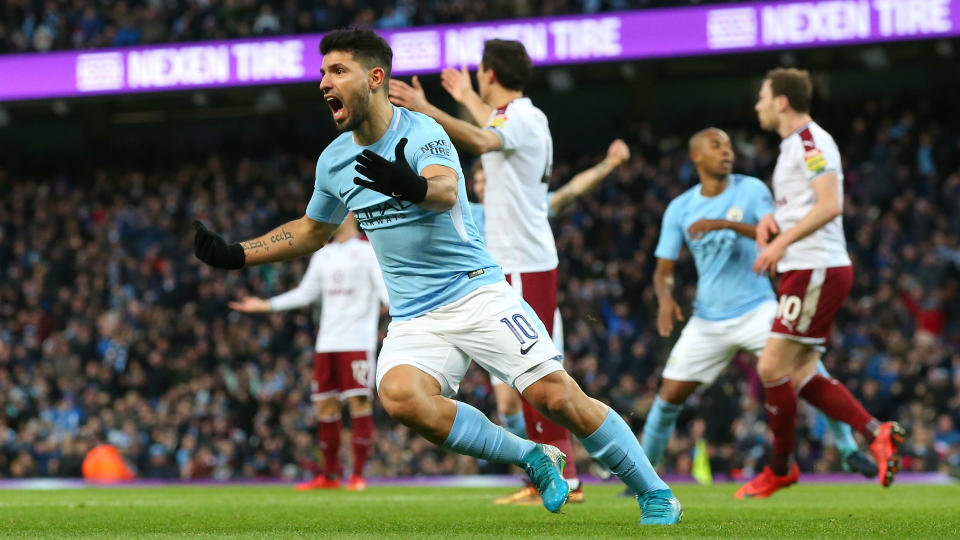 Ashley Barnes’ superb opening goal was eclipsed as Sergio Aguero scored a quick-fire double in Manchester City’s win over Burnley.