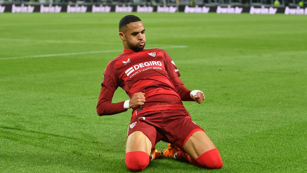  Yousseff En-Nesyri of Sevilla FC celebrates after scoring the team's first goal during the UEFA Europa League semi-final first leg match between Juventus and Sevilla FC  