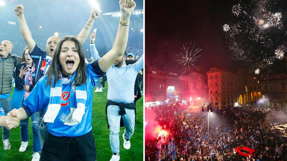 Napoli fans were ecstatic after their football team won its first Serie A title since 1990 when Diego Maradona starred for the side. Pic: Getty