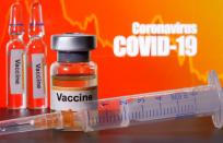 FILE PHOTO: Small bottles labelled with "Vaccine" stickers seen near a medical syringe in front of displayed "Coronavirus COVID-19" words in this illustration