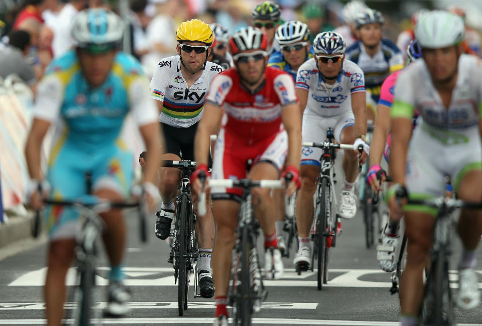 METZ, FRANCE - JULY 06: Mark Cavendish of Great Britain and SKY Procycling crosses the finish line on stage six of the 2012 Tour de France from Epernay to Metz on July 6, 2012 in Metz, France. (Photo by Bryn Lennon/Getty Images)