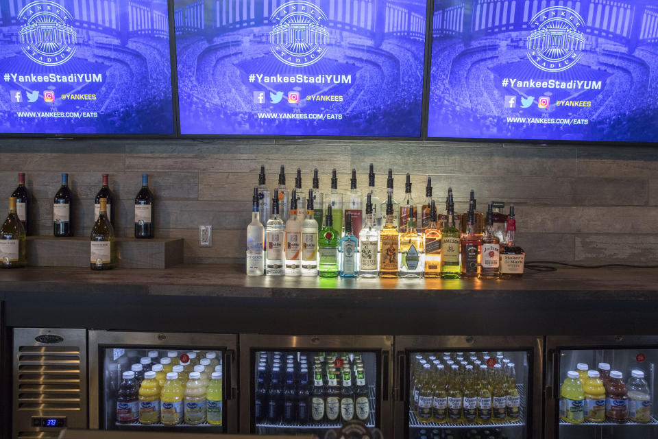The bar at the AT&T Sports Lounge is seen during a media tour of Yankee stadium, Tuesday, April 4, 2017, in New York. The New York Yankees home-opener at the ballpark is scheduled for Monday, April 10, 2017, against the Tampa Bay Rays. (AP Photo/Mary Altaffer)
