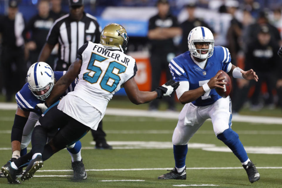 Oct 22, 2017; Indianapolis, IN, USA; Indianapolis Colts quarterback Jacoby Brissett (7) is sacked during the third quarter by Jacksonville Jaguars defensive end Dante Fowler Jr. (56) at Lucas Oil Stadium. Mandatory Credit: Brian Spurlock-USA TODAY Sports