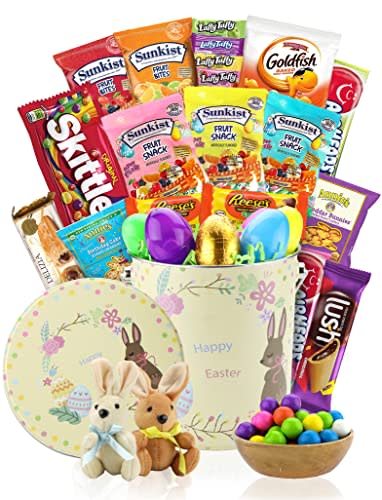 Easter Basket Tin, Premade, Kids, Boys, Girls, Filled with Easter Eggs, Candy, Chocolate, Great Easter Care Package for Family and Friends, Huevos de Pascua, (28 Count)