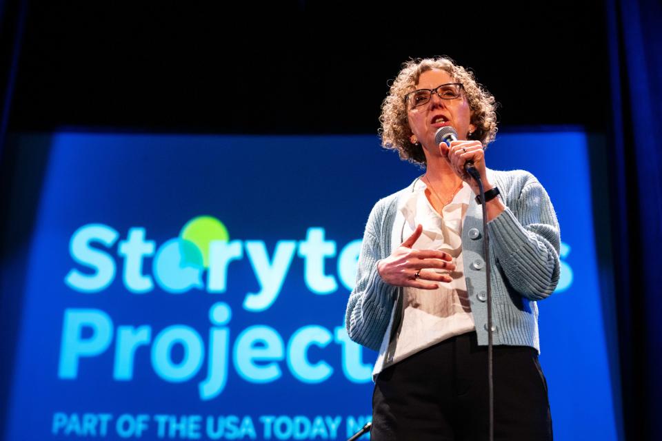 Deborah Svec-Carstens tells a story during the Des Moines Register Storytellers Project's "Community" Show Tuesday, Feb. 27, 2024, at Hoyt Sherman Place in Des Moines.