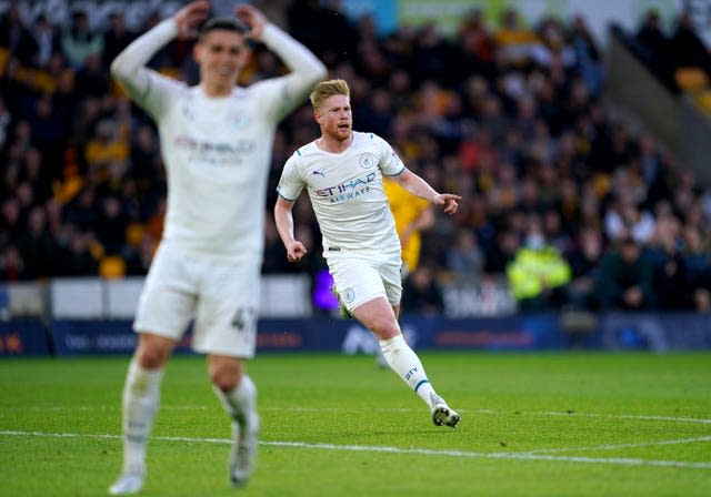 Phil Foden in disbelief after Kevin De Bruyne scores his third goal