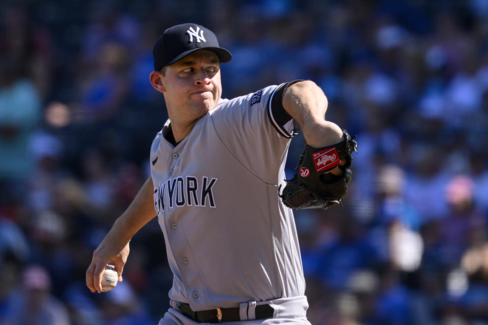 New York Yankees starting pitcher Michael King throws to a Kansas City Royals batter during the first inning of a baseball game, Sunday, Oct. 1, 2023, in Kansas City, Mo. (AP Photo/Reed Hoffmann)