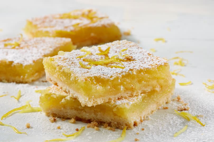 Lemon Dessert Squares with Powdered Sugar and Lemon Zest.