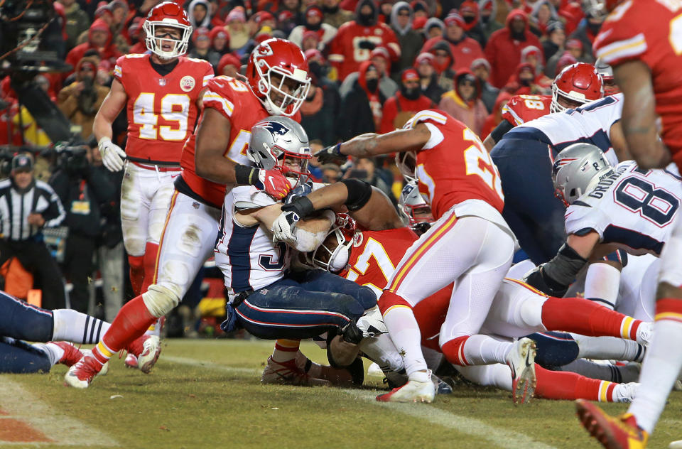 Rex Burkhead pounded the Chiefs with the final nail in the coffin, a 2-yard TD run in overtime that sent the Patriots to Super Bowl LIII. (Getty Images)