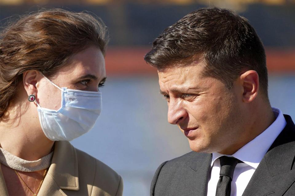 President of Ukraine Volodymyr Zelenskyy and his spokesperson Iuliia Mendel are pictured during the meeting with the press at the port of Odesa, southern Ukraine.