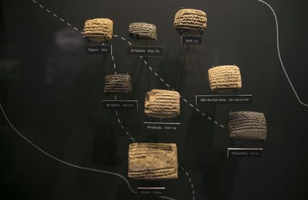 Cuneiform tablets are displayed during an exhibition at the Bible Lands Museum in Jerusalem, February 3, 2015. REUTERS/Baz Ratner