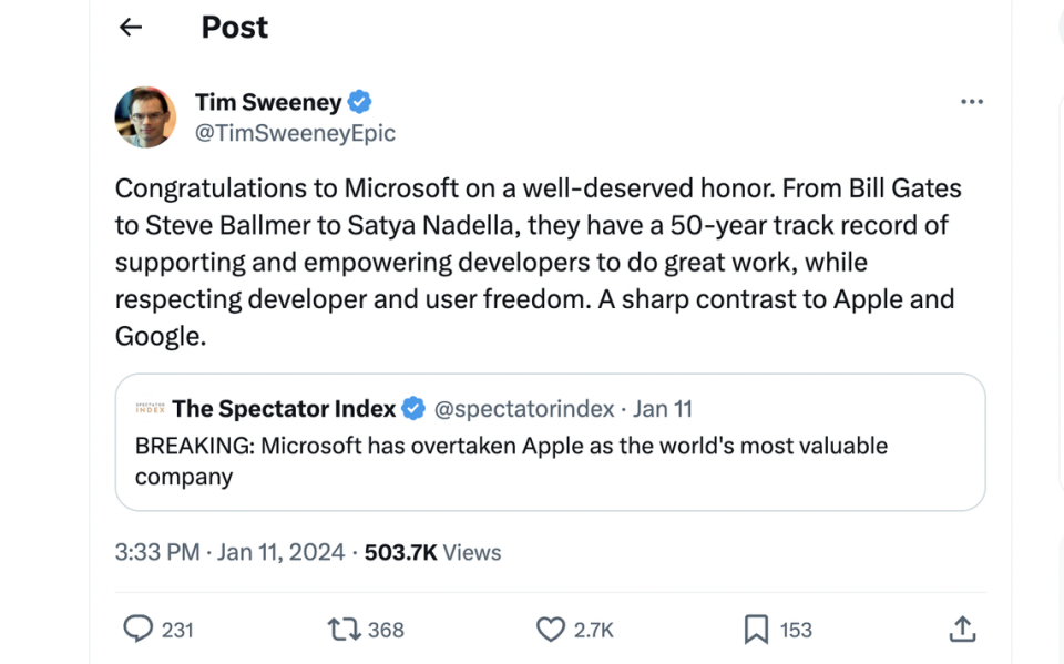 Epic Games CEO Tim Sweeney congratulates Microsoft while throwing a dig at Apple and Google.