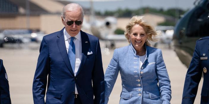 Joe Biden and Jill Biden wear matching blue outfits