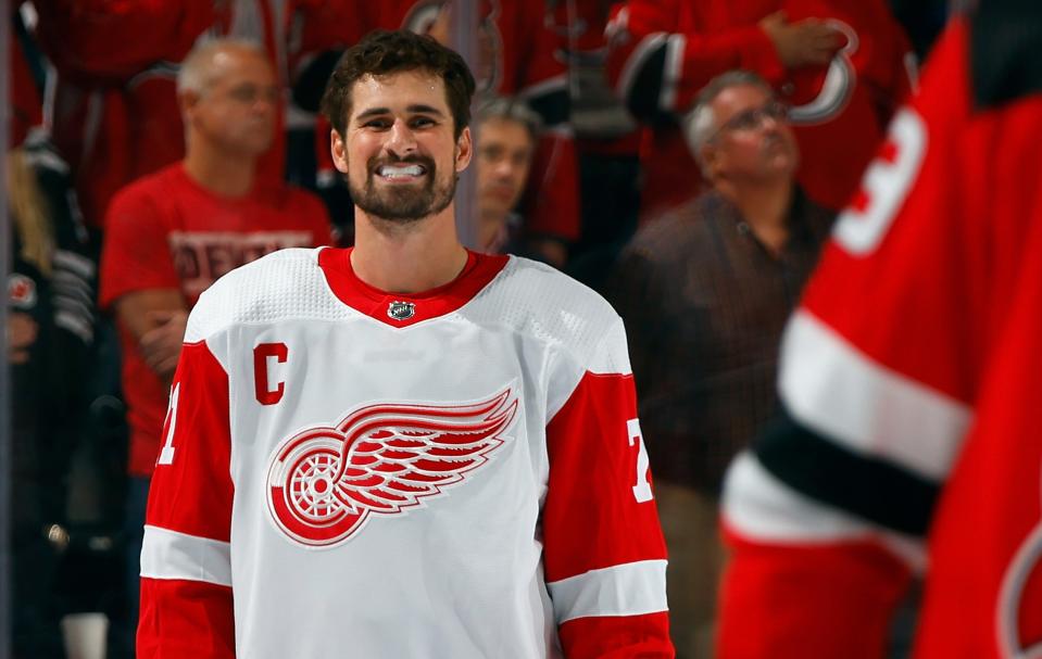 Dylan Larkin of the Detroit Red Wings waits during the national anthem prior to playing against the New Jersey Devils at Prudential Center in Newark, New Jersey, on Thursday, Oct. 12, 2023.