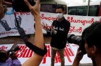 Reporters protest as they call on Myanmar government and military authorities to release reporters who were arrested in Yangon, Myanmar June 30, 2017. REUTERS/Soe Zeya Tun