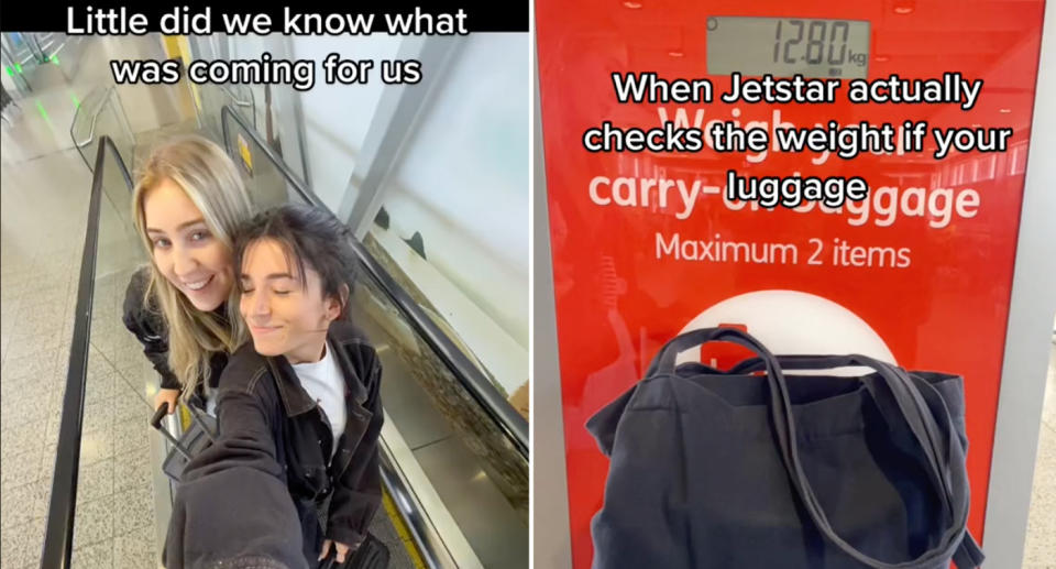 Adriana Ocampo and her friend Emily Altamura getting ready for their Jetstar flight at the airport. Right is an airline scale saying the luggage is over the limit.. 