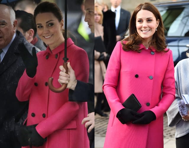 <p>Kate Middleton and Elle Woods have a lot in common, including their ability to look amazing in hot pink pieces. Back in late 2014, Kate wore this pink Mulberry coat at the 9/11 Memorial and Museum and wore it again three months later at the Stephen Lawrence Centre with her curled hair down. The last time she wore it again was back in 2018 while visiting Coventry Cathedral. Not only do we love that she’s recycled this look a few times, but she was pregnant every time she wore it! Honestly, we love this <a href="https://www.sheknows.com/web-stories/sexiest-celebrity-maternity-ensembles/" rel="nofollow noopener" target="_blank" data-ylk="slk:maternity look.;elm:context_link;itc:0" class="link ">maternity look.</a></p>