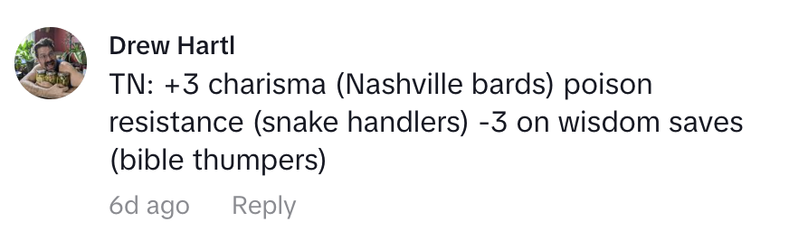 Social media comment by user Drew Hart mentioning charisma in Nashville, poison resistance, and wisdom saves related to handling snakes and biblical literalism