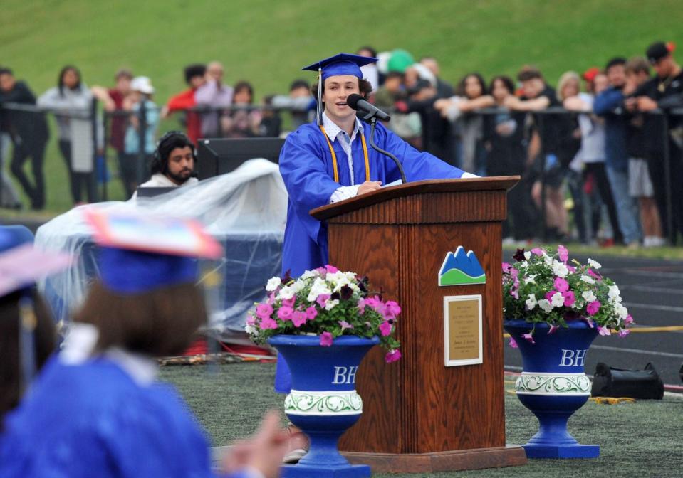 Valedictorian Jake Reissfelder delivers his address during the Blue Hills Regional Technical School graduation in Canton, Tuesday, June, 6, 2023.