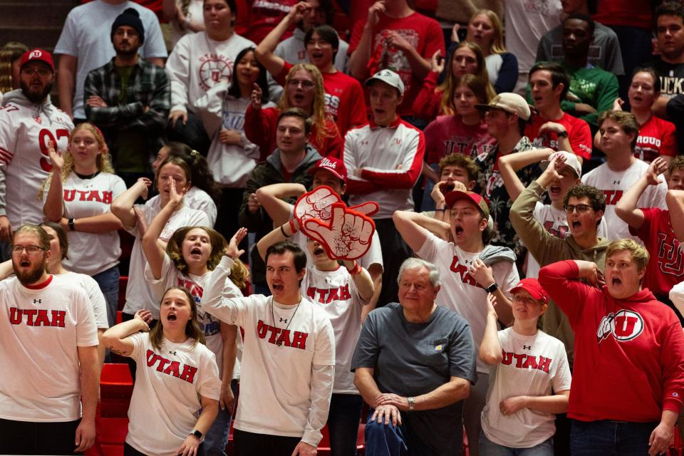 Utah Utes student section cheers during the men’s college basketball game between the Utah Utes and the Colorado Buffaloes at the Jon M. Huntsman Center in Salt Lake City on Saturday, Feb. 3, 2024. | Megan Nielsen, Deseret News