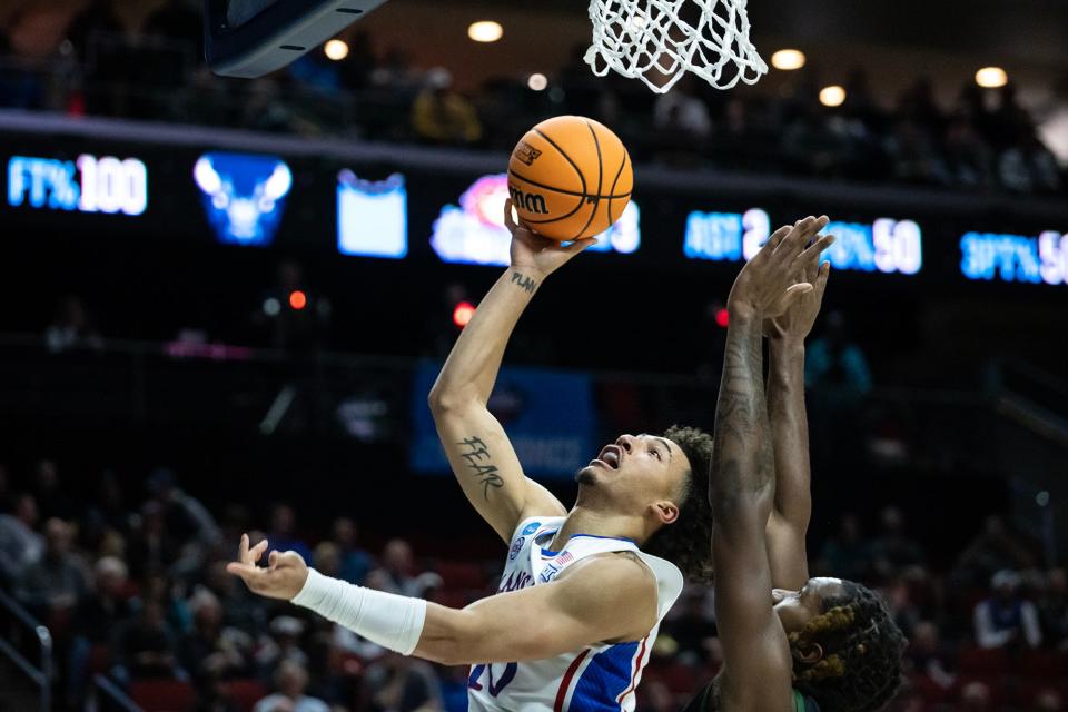 Jalen Wilson goes up for a shot during a NCAA tournament game Kansas played against Howard on March 16, 2023 at Wells Fargo Arena in Des Moines, Iowa.