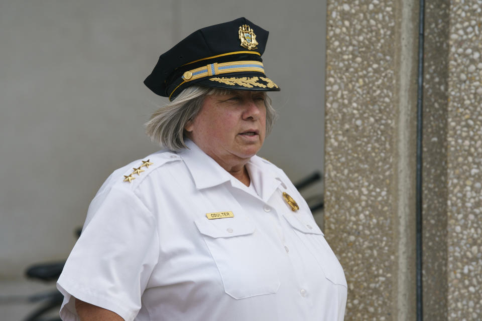 Philadelphia's acting Police Commissioner Christine Coulter, leaves the Police Administration Building at 8th and Race in Center City, Philadelphia on Wednesday, Aug. 21, 2019. She will be filling after former police commissioner Richard Ross resigned on Tuesday, Aug. 20, 2019. (Jessica Griffin/The Philadelphia Inquirer via AP)