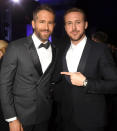 <p>The two Ryans — Reynolds and Gosling — at the event on Dec. 11, 2016. Reynolds picked up a win for Best Actor in a Comedy for <em>Deadpool</em>. (Photo: Jeff Kravitz/FilmMagic) </p>