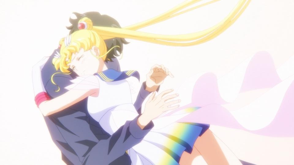 Sailor Moon (Kotono Mitsuishi) hugs Tuxedo Mask (Kenji Nojima) in Pretty Guardian Sailor Moon: The Movie (Netflix)