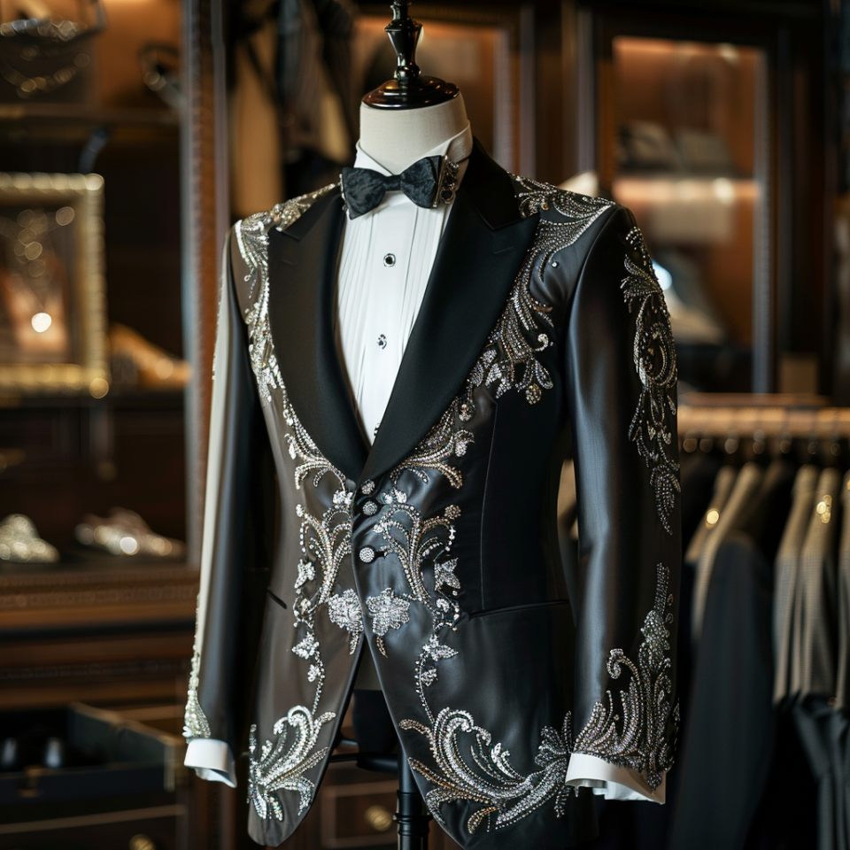 Mannequin displaying a black tuxedo with intricate silver embroidery, bow tie included, in a boutique setting