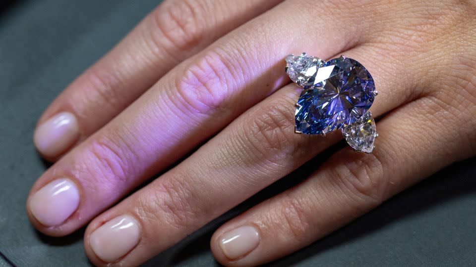 The "Bleu Royal" diamond on display ahead of Tuesday's sale. - Denis Balibouse/Reuters