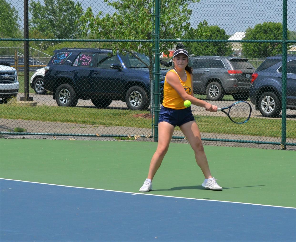 Battle Creek Central's Bonnie Ferazzi returns a serve during the 2023 All-City Girls Tennis Tournament at Lakeview High School on Wednesday.