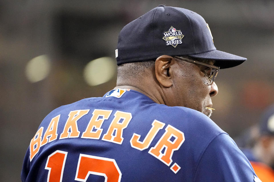 Houston Astros manager Dusty Baker Jr. watches play during the first inning in Game 6 of baseball's World Series between the Houston Astros and the Philadelphia Phillies on Saturday, Nov. 5, 2022, in Houston. (AP Photo/David J. Phillip)