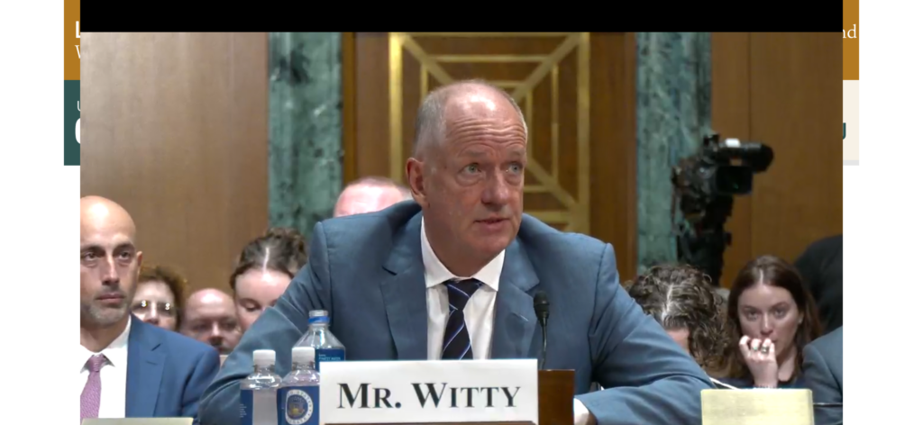 UnitedHealth CEO Andrew Witty testified before the U.S. Senate Finance Committee on Wednesday, May 1, 2024, about a cyberattack on Change Healthcare, a subsidiary. (Screenshot from committee webcast)