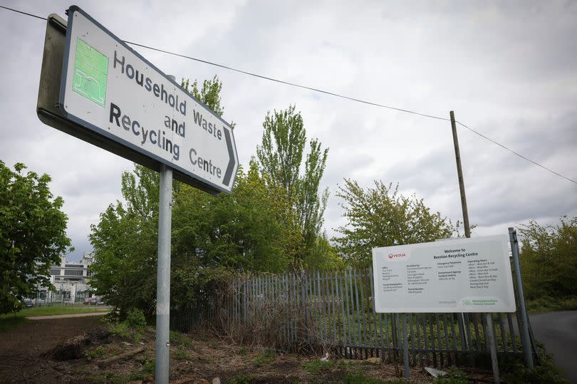 Beeston Recycling Centre, with a sign pointing to the site visible featuring a green Nottinghamshire County Council logo