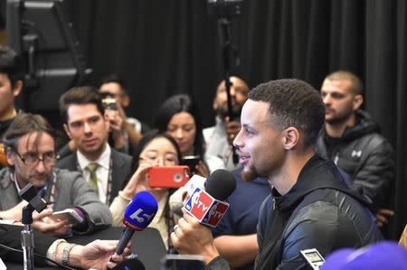 Feb 12, 2016; Toronto, Ontario, Canada; Western Conference guard Stephen Curry of the Golden State Warriors (30) speaks during media day for the 2016 NBA All Star Game at Sheraton Centre. Bob Donnan-USA TODAY Sports