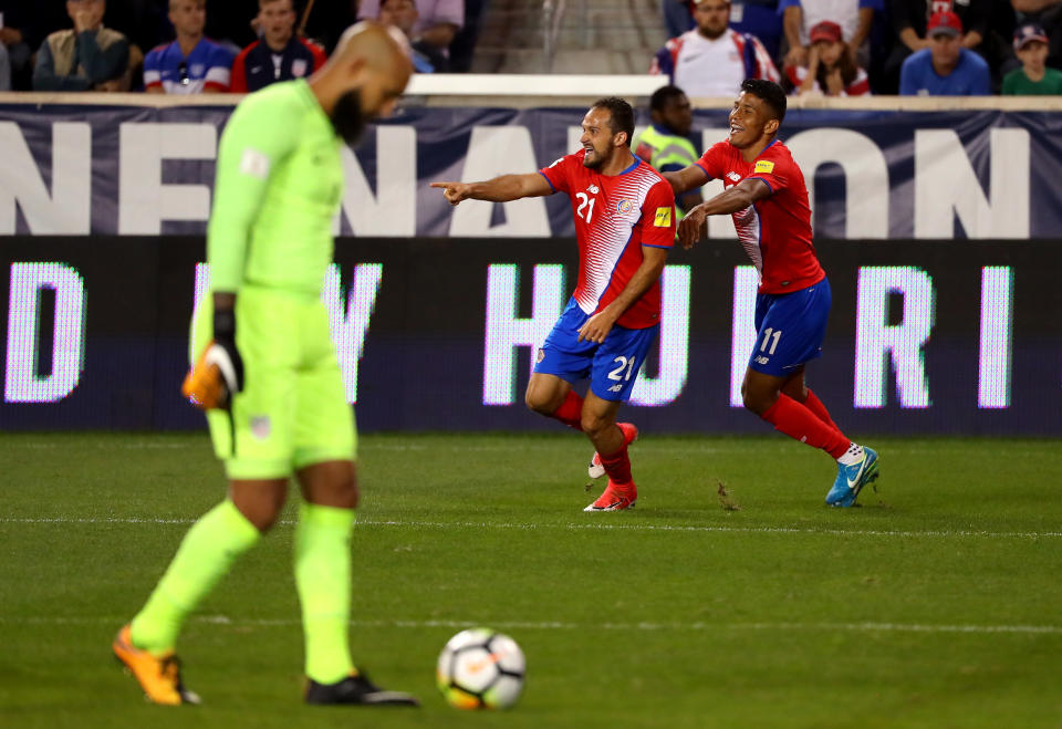 Tim Howard looks toward the Red Bull Arena turf as Marcos Ureña celebrates. (Getty)