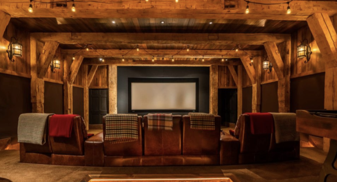 A home theater is located in the basement level.