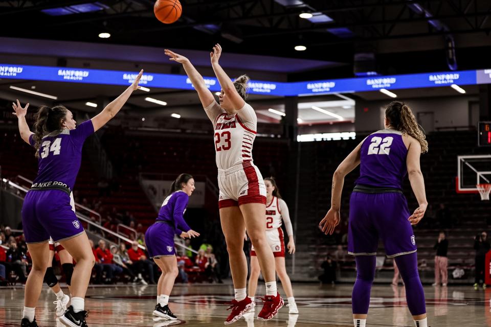 USD's Natalie Mazurek takes a shot during Saturday's Summit League win over St. Thomas in Vermillion