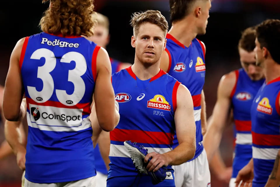 Lachie Hunter in action for the Western Bulldogs against Melbourne Demons in Round 1. (Photo by Dylan Burns/AFL Photos via Getty Images)
