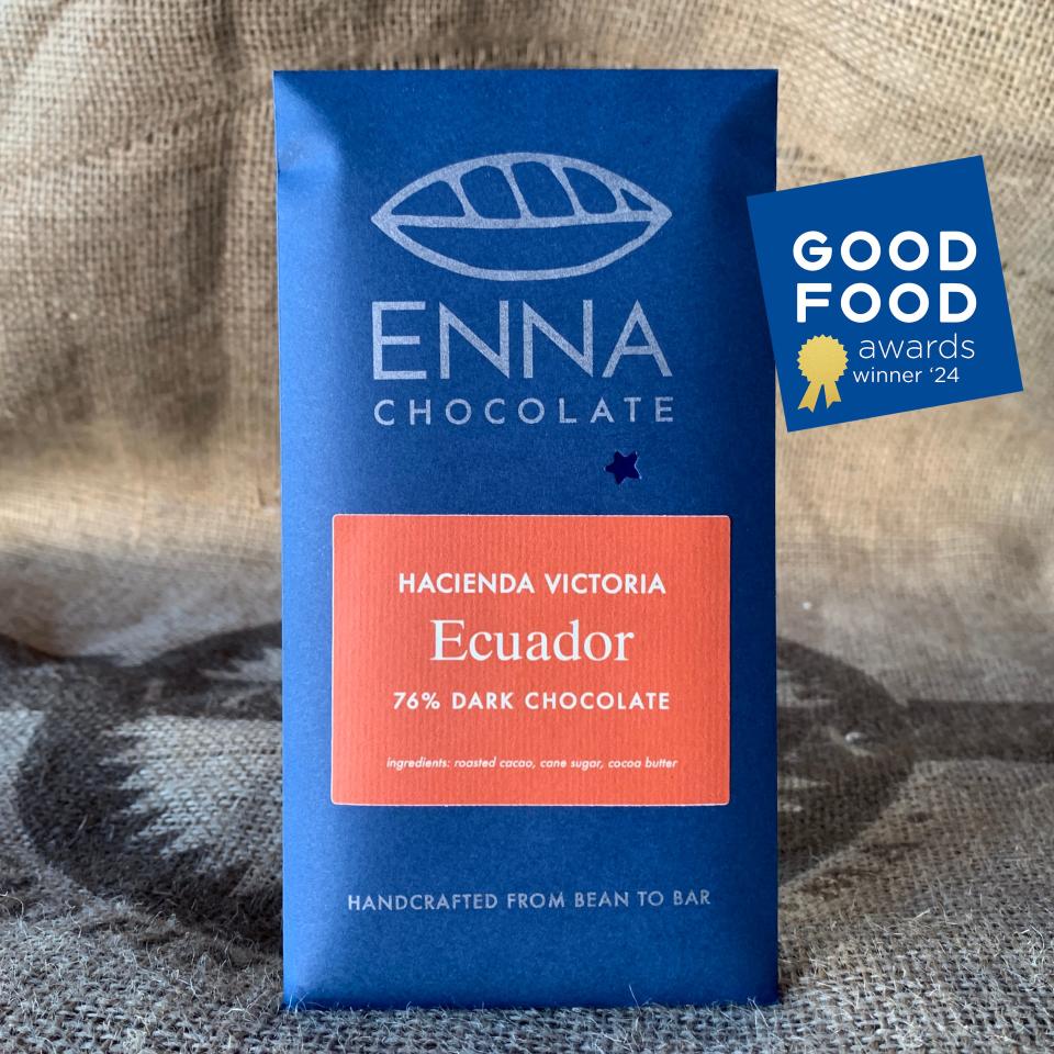 Enna Chocolate's Hacienda Victoria Ecuador 76% Dark Chocolate bar was crowned a winner at the 2024 Good Food Awards.