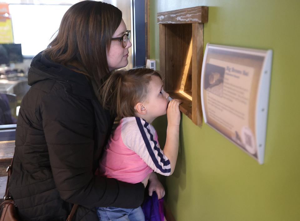 Joy Harris holds her daughter Amelie Harris, 5, up to the window of a Big Brown Bat on display at Stark Parks Wildlife Conservation Center in Perry Township during a March Madness Mammal event.