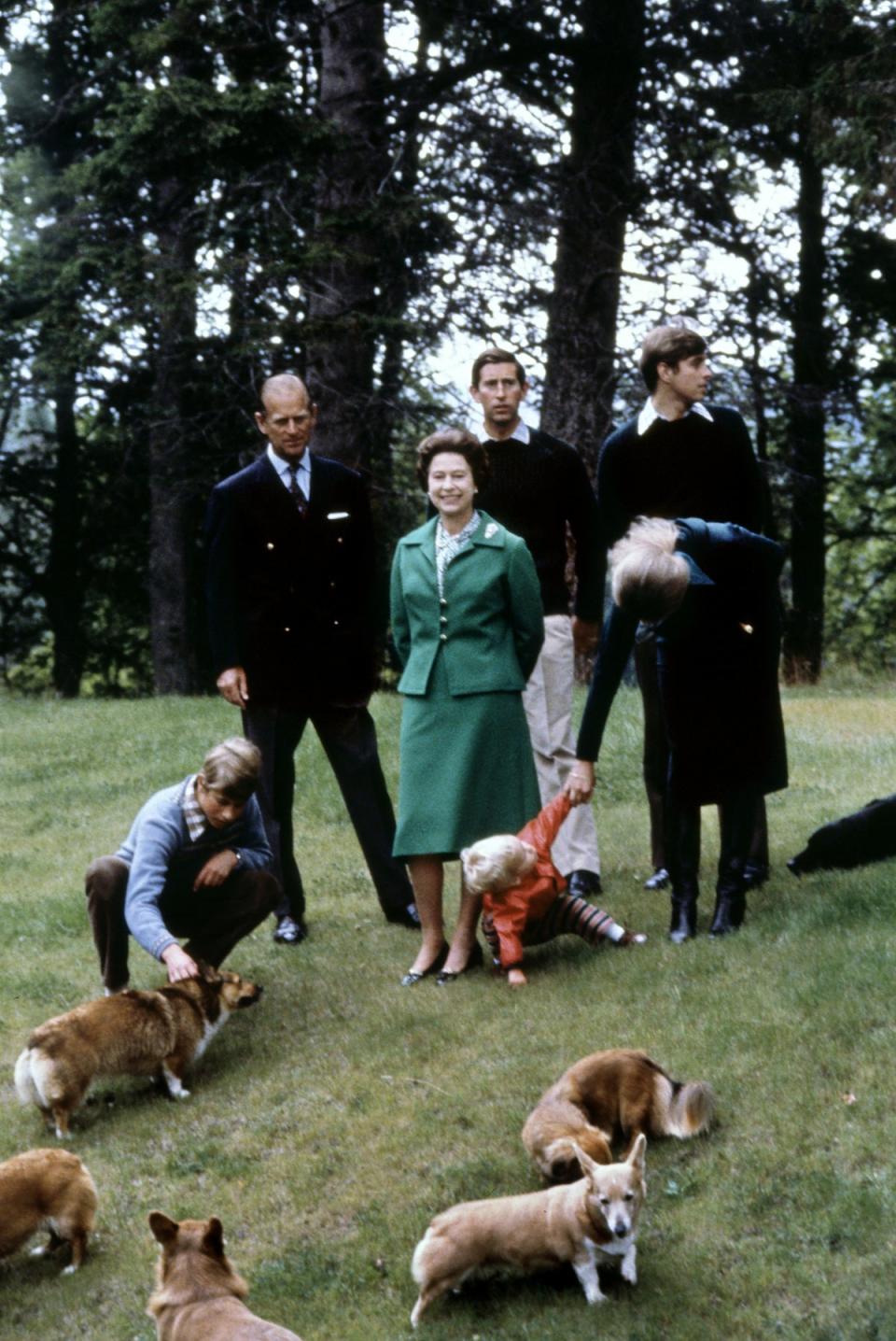 (De izquierda a derecha) El príncipe Eduardo, el príncipe Felipe, la reina Isabel, el príncipe Carlos, el príncipe Andrés y la princesa Ana con su hijo Peter Phillips con los corgis de la realeza en 1979 (AFP vía Getty)