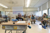 Students sit behind plexiglass at their desks during the coronavirus outbreak as Brian Scarano teaches a fourth grade English class at the Osborn School, Tuesday, Oct. 6, 2020, in Rye, N.Y. (AP Photo/Mary Altaffer)