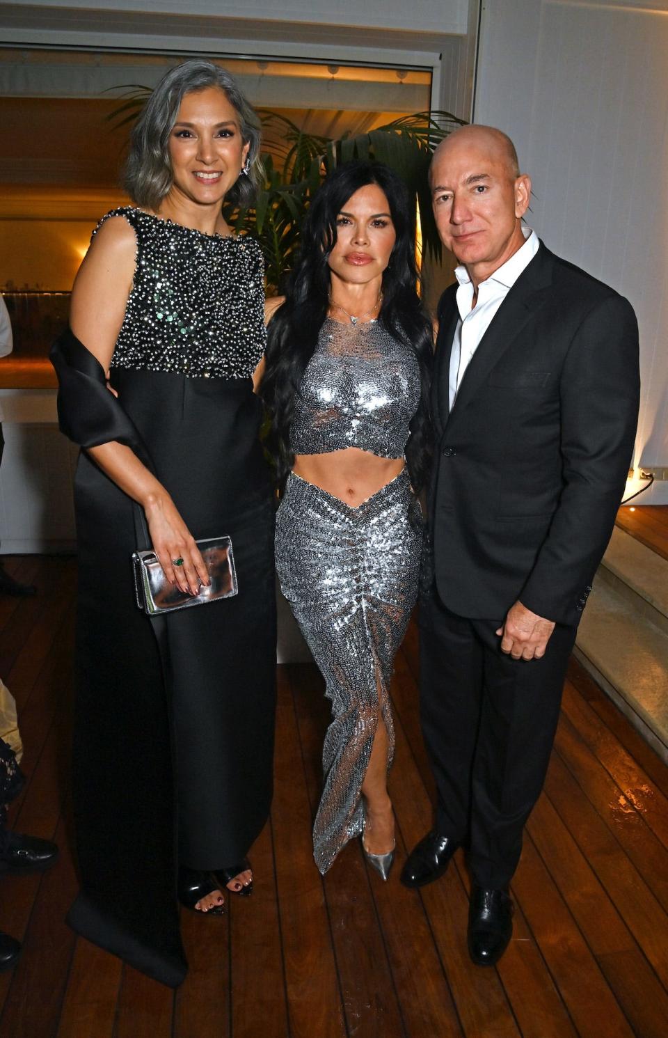 Radhika Jones, Lauren Sánchez, and Jeff Bezos at a Vanity Fair party during the 2023 Cannes Film Festival.