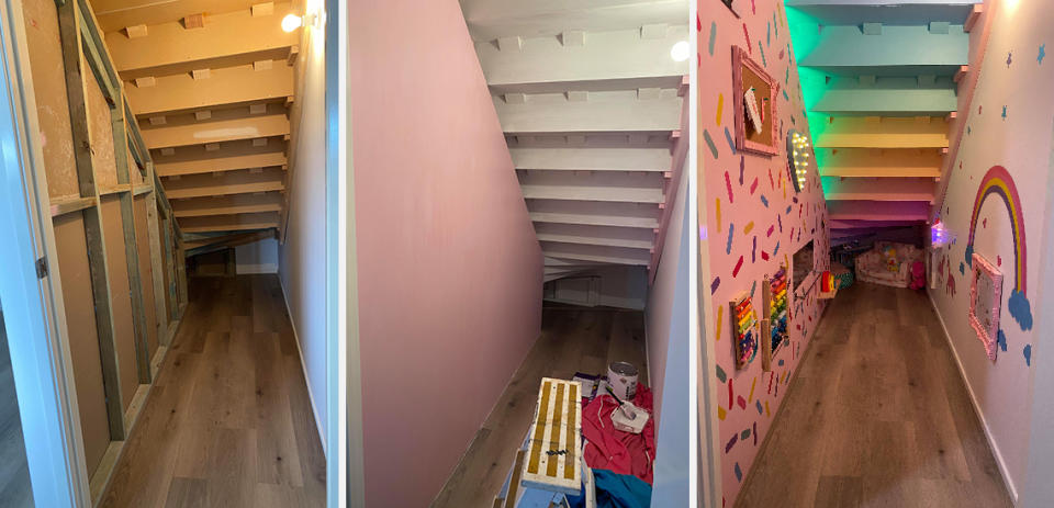 (l-r_ Stairs before transformation, stairs painted pink during DIY, Stairs transformed into playroom