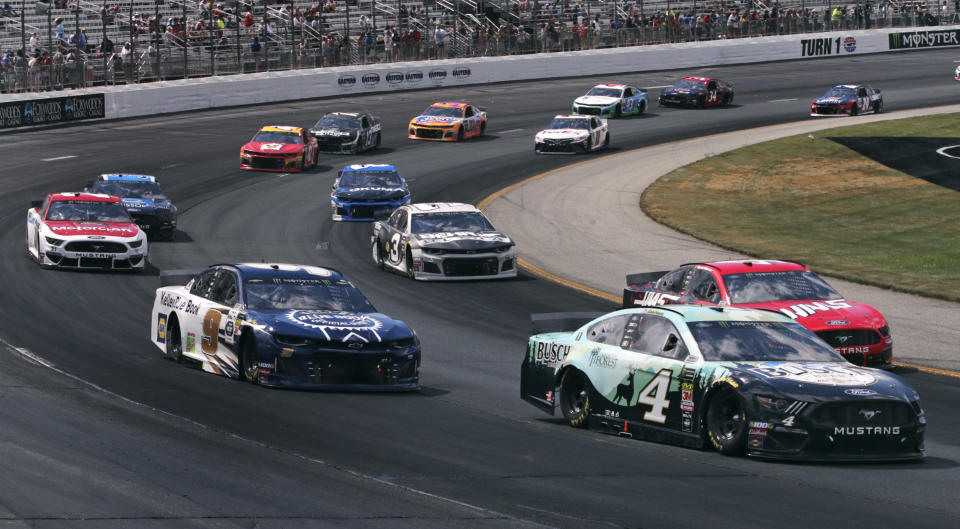 Kevin Harvick (4) heads through Turn 1 during a NASCAR Cup Series auto race at New Hampshire Motor Speedway in Loudon, N.H., Sunday, July 21, 2019. Harvick won the race. (AP Photo/Charles Krupa)