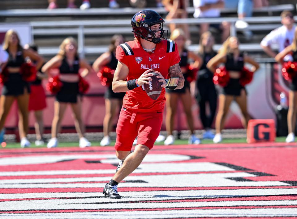 Ball State football quarterback Kadin Semonza completed 11-of-23 passes for 123 yards and two interceptions in his team's 40-3 loss to Georgia Southern at Scheumann Stadium on Saturday, Sept. 23, 2023.